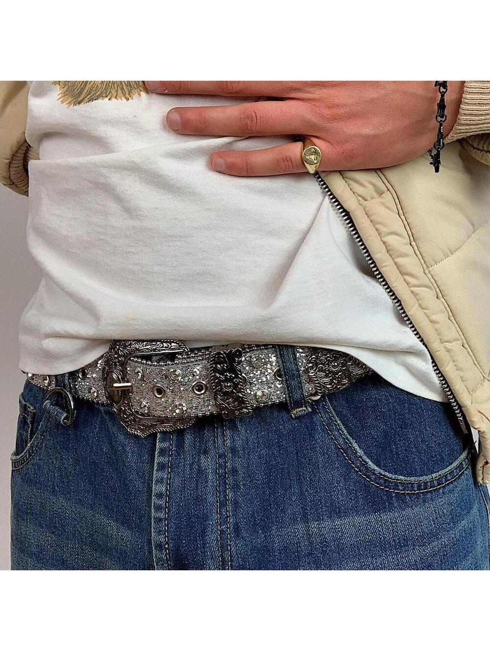 Cyber Y2k 2000s style rhinestone crystal grunge silver punk belt. Cool grunge/pu - Picture 7 of 8